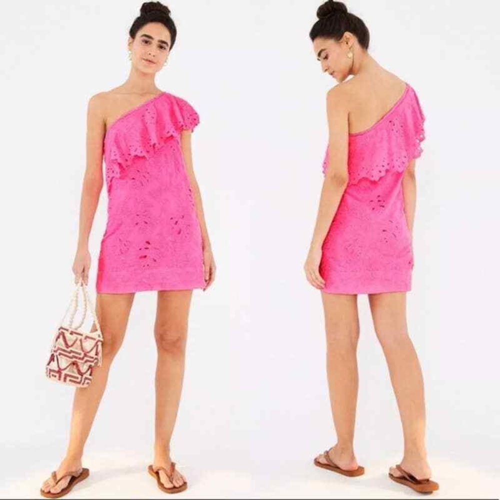 FARM RIO Hot Pink One Shoulder Ruffle Eyelet Embroidery Mini Dress